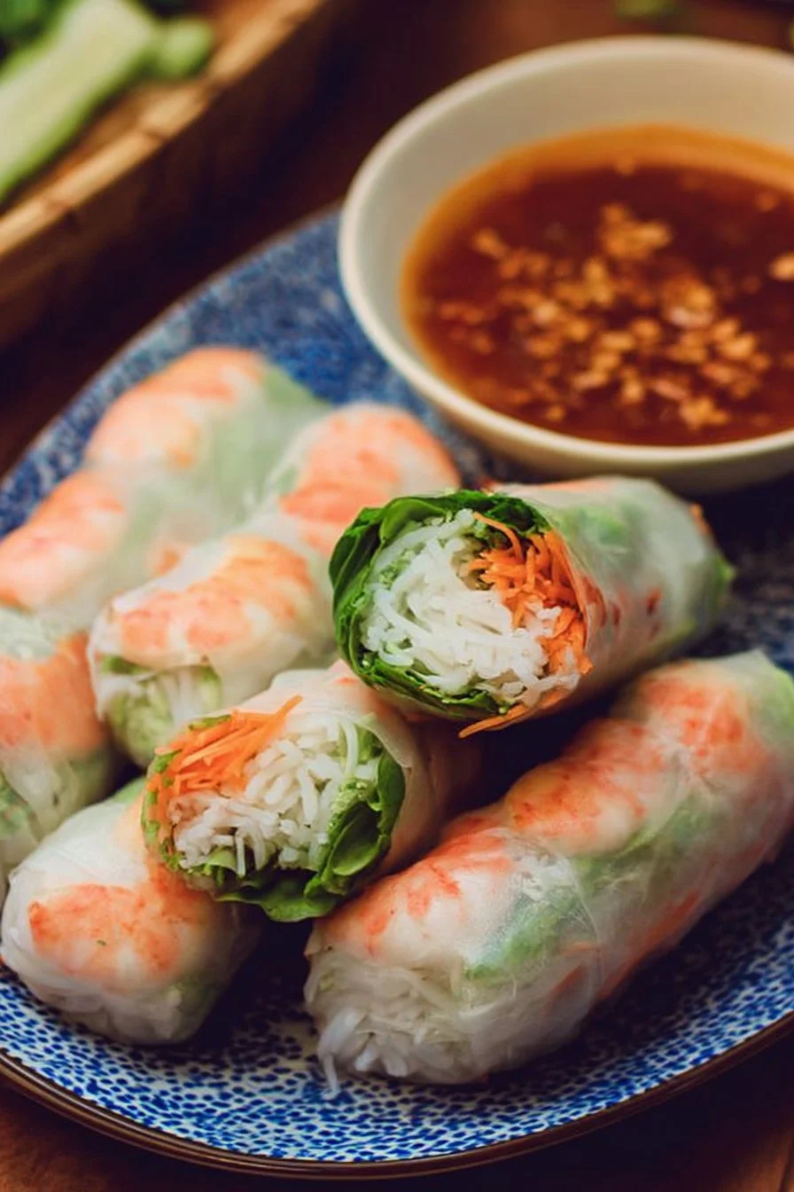 Plate of Vietnamese fresh spring rolls with herbs and dipping sauce