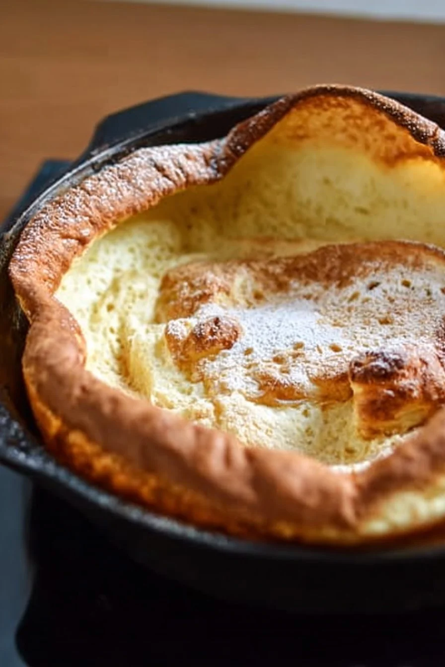 Fluffy sky-high Dutch Baby Pancakes topped with fresh fruit and powdered sugar