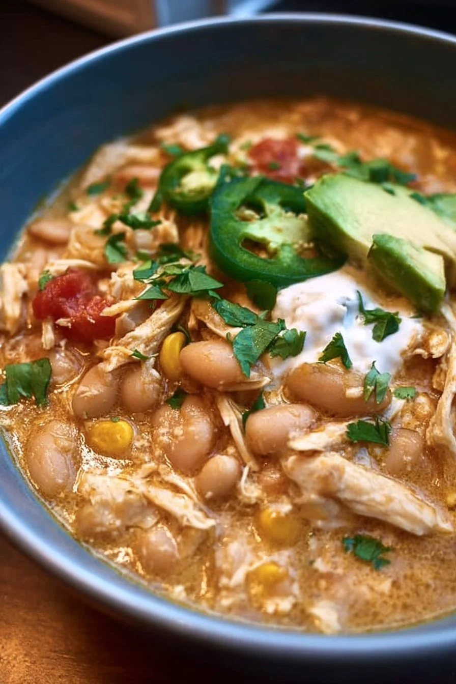 A bowl of delicious white chicken chili with toppings on a wooden table.