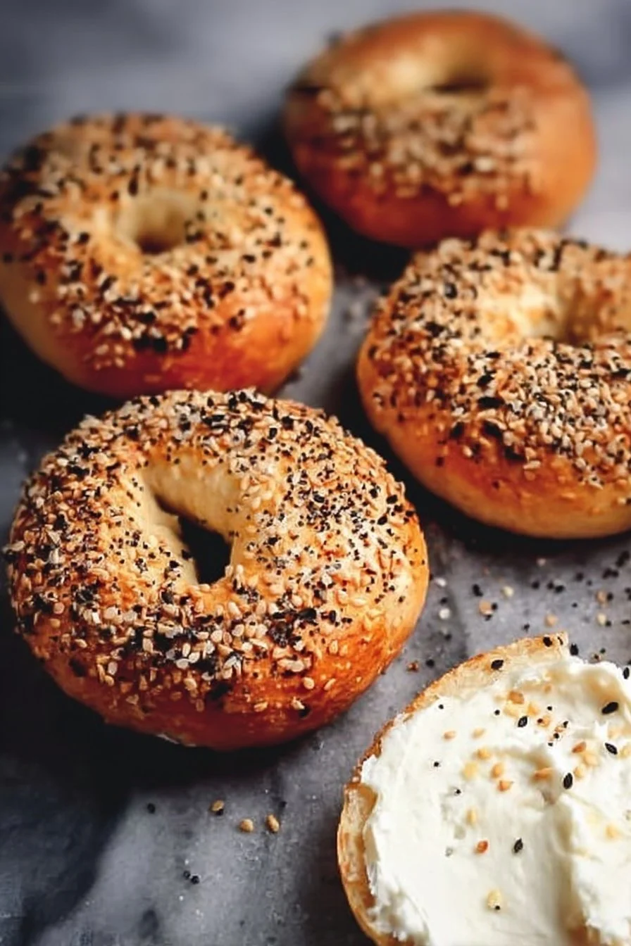 Homemade 2-ingredient bagels with toppings on a rustic wooden table.