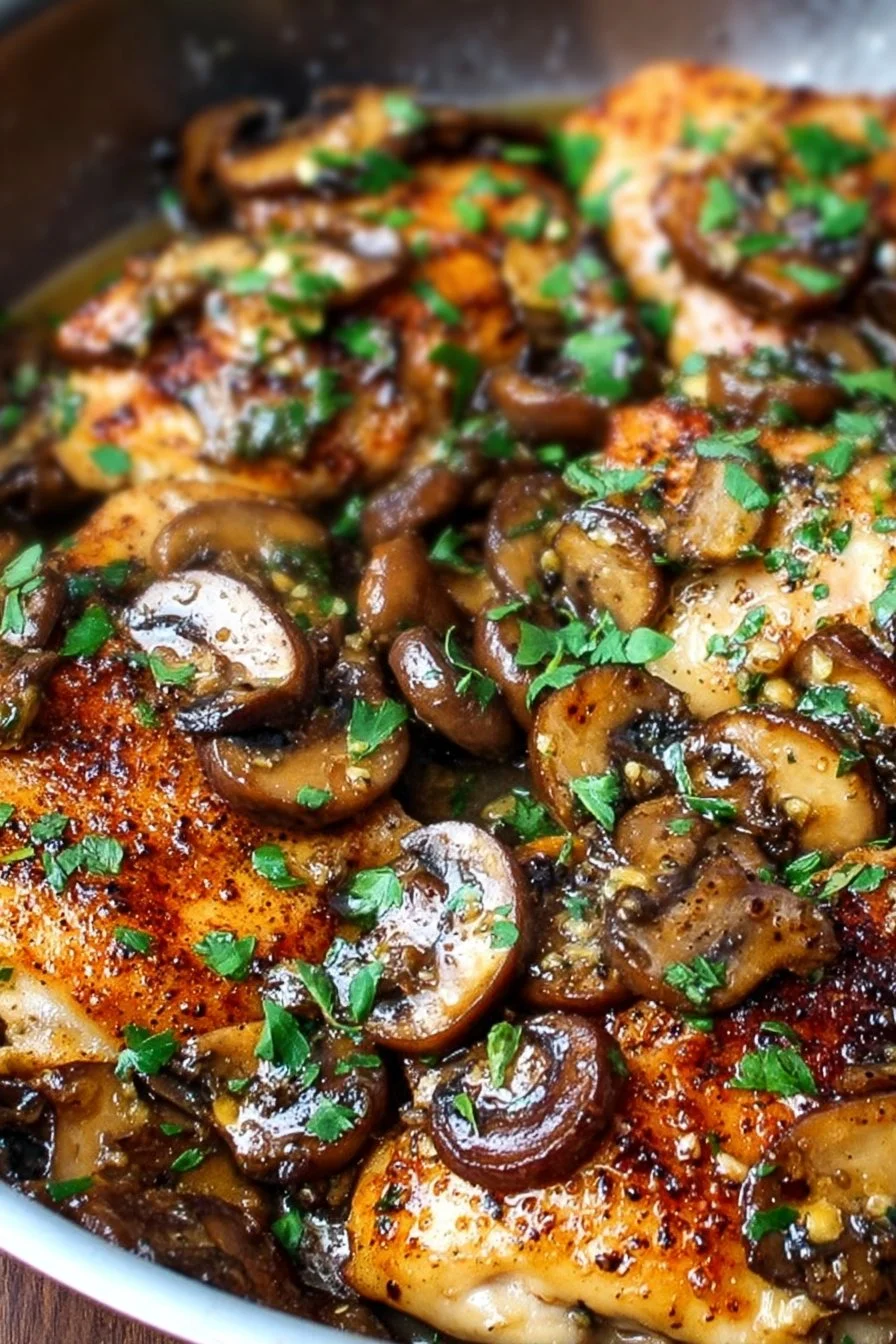 20-Minute Skillet Mushroom Chicken dish served in a skillet