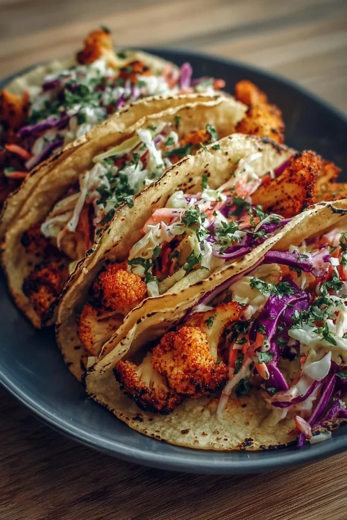 Plate of roasted cauliflower tacos topped with fresh slaw and garnishes