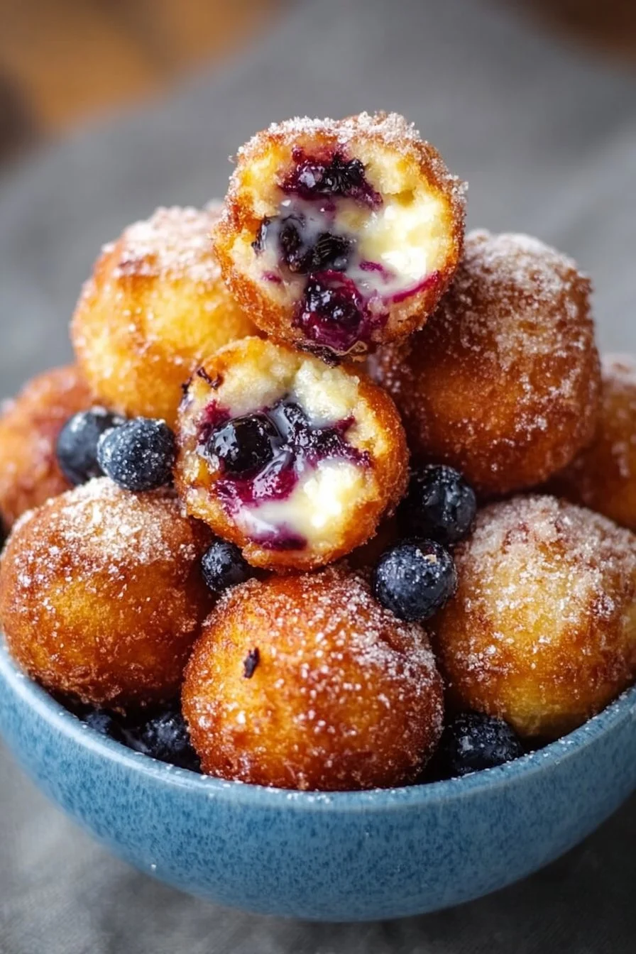 Air fryer blueberry donut holes made with cottage cheese on a plate