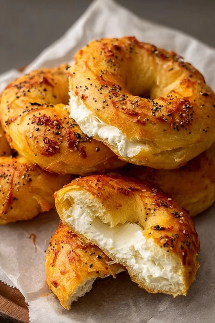 Air Fryer Protein Bagels fresh out of the appliance, golden and fluffy.