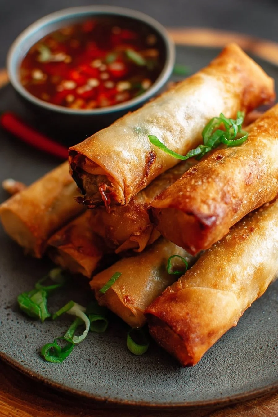 Crispy air fryer spring rolls served on a plate with dipping sauce