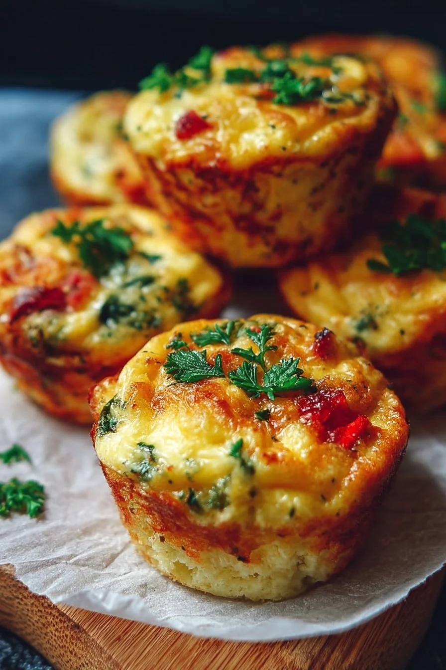 Delicious keto egg muffins baked in a muffin tin, filled with vegetables and cheese.