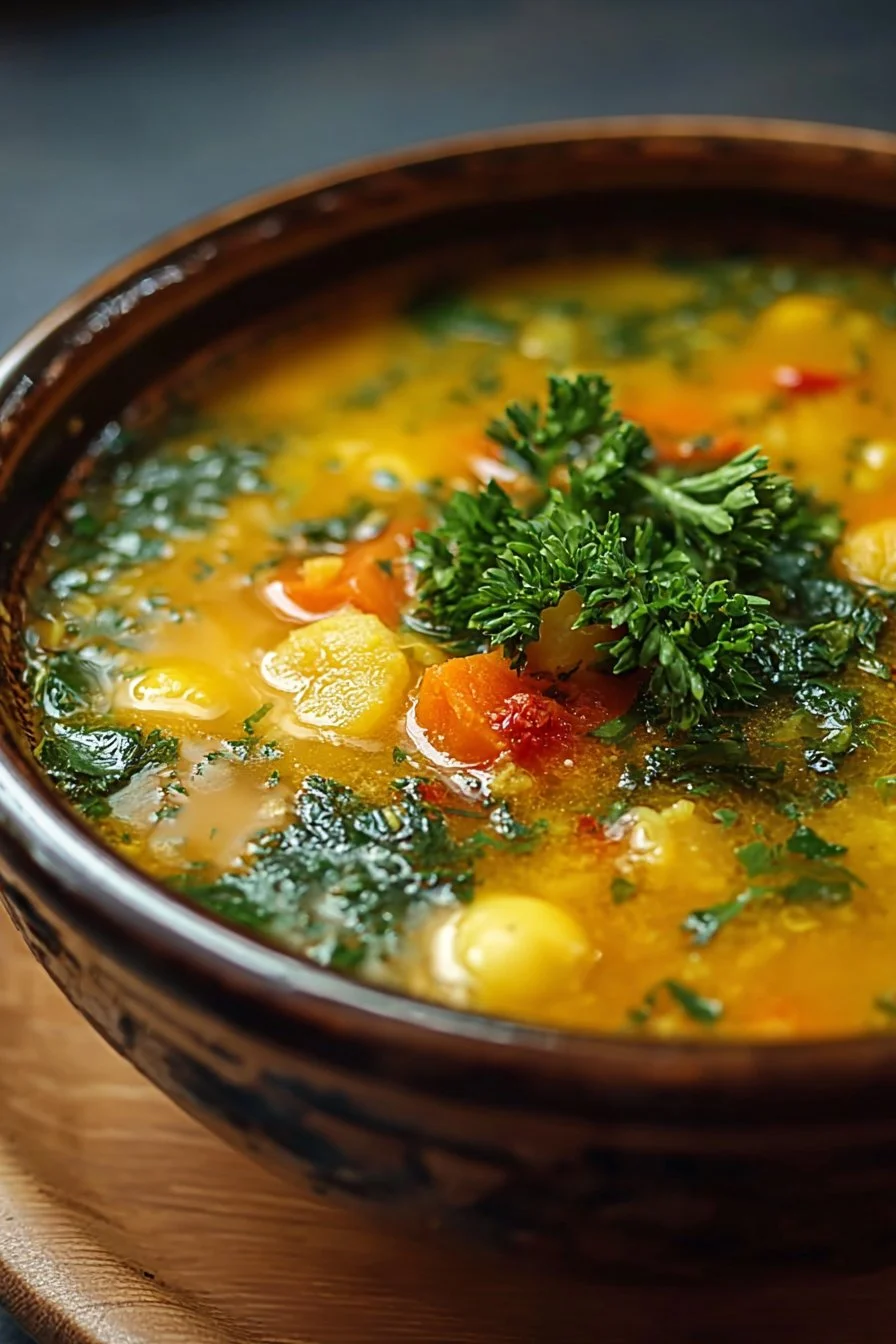 Bowl of Anti-Inflammatory Golden Detox Soup with fresh ingredients
