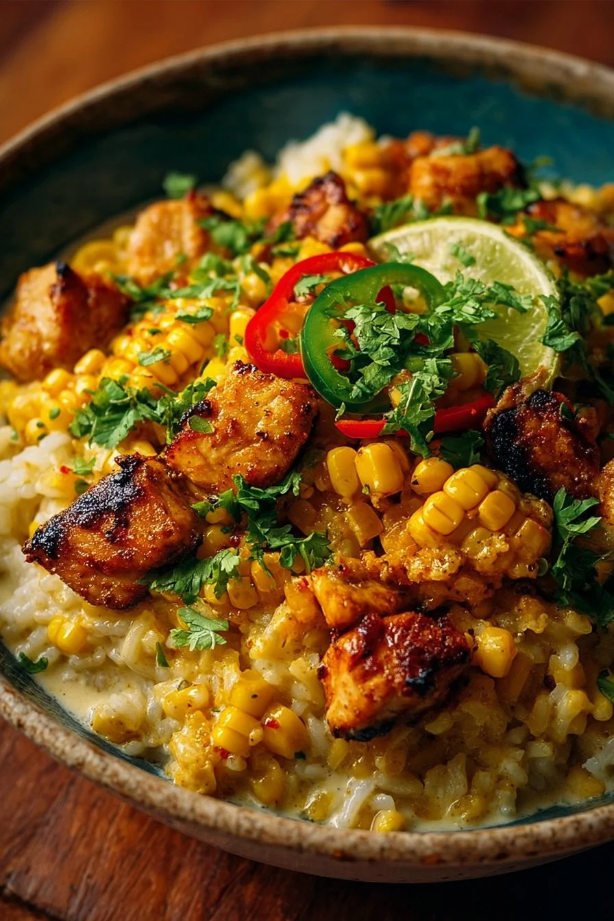 Healthy anti-inflammatory street corn chicken rice bowl with fresh ingredients