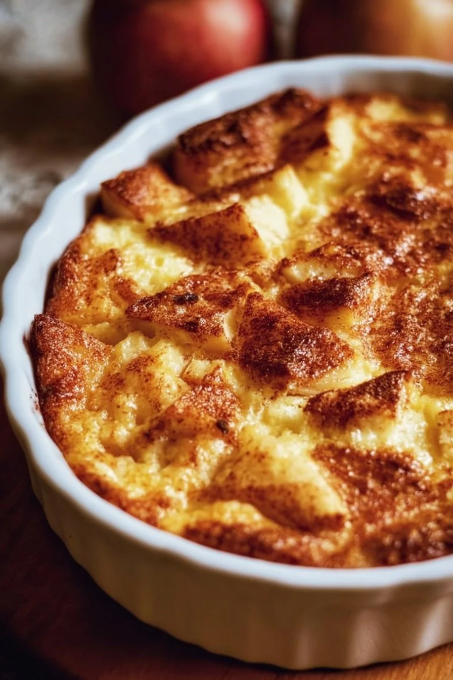 Delicious Apple Cinnamon Cottage Cheese Bake served in a dish with cinnamon sprinkles