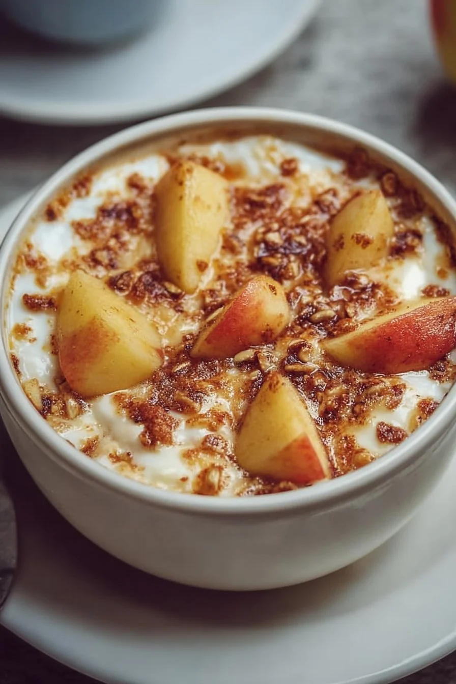 Baked apple cinnamon cottage cheese breakfast bowl topped with apples and cinnamon