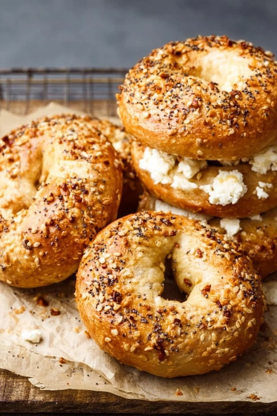 Baked protein bagels topped with cottage cheese for a healthy breakfast