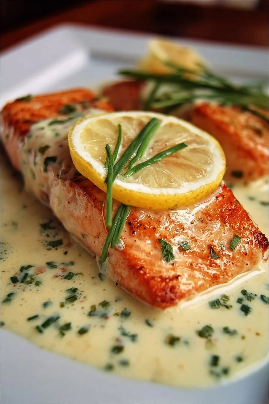 Baked salmon with lemon butter cream sauce on a plate garnished with herbs