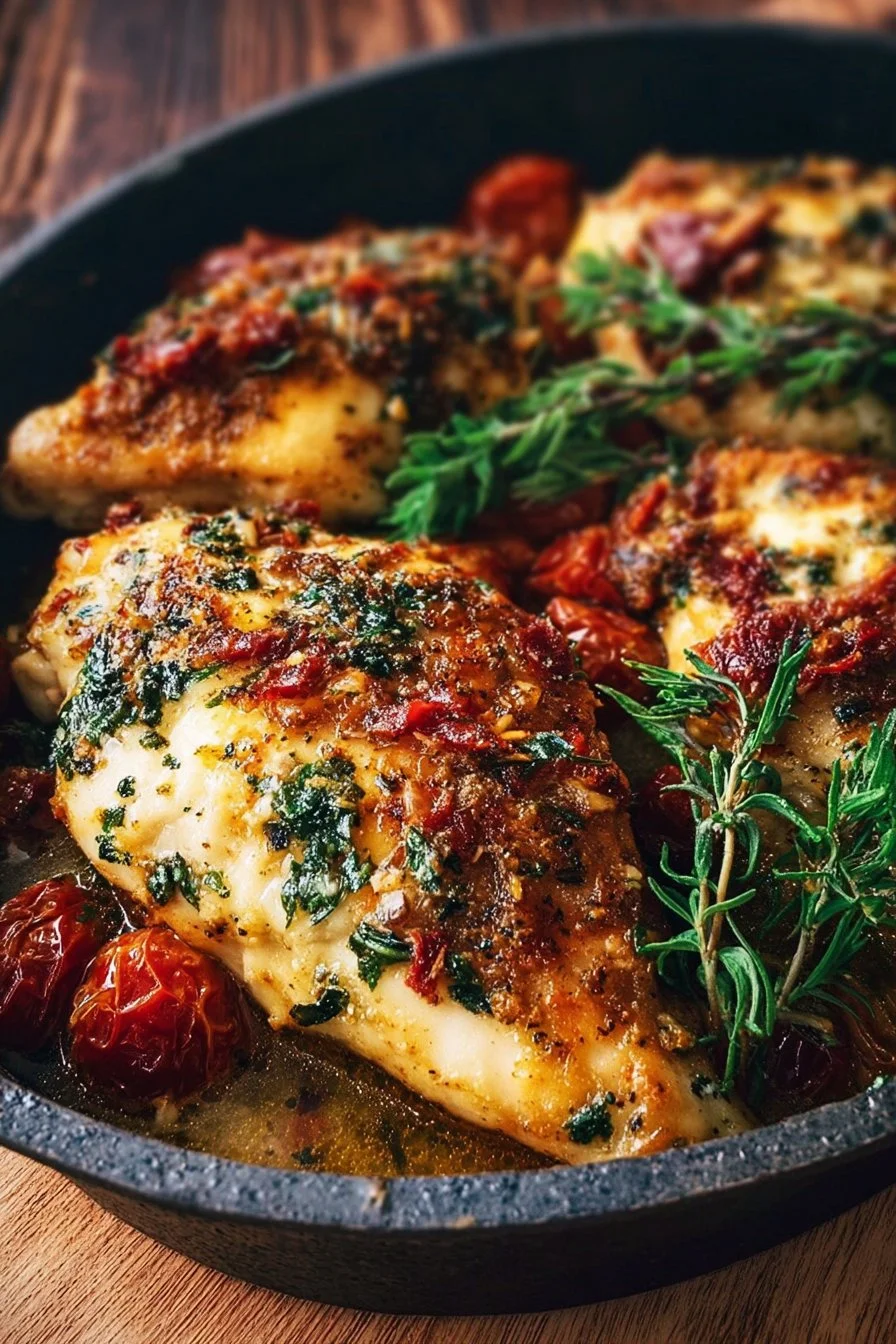Baked Tuscan Chicken dish garnished with herbs and sun-dried tomatoes.