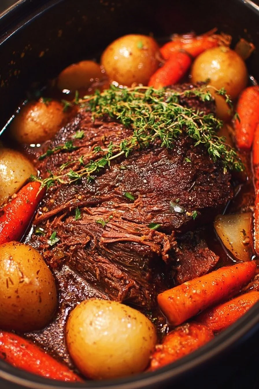 Delicious Dutch oven pot roast served with vegetables and herbs.