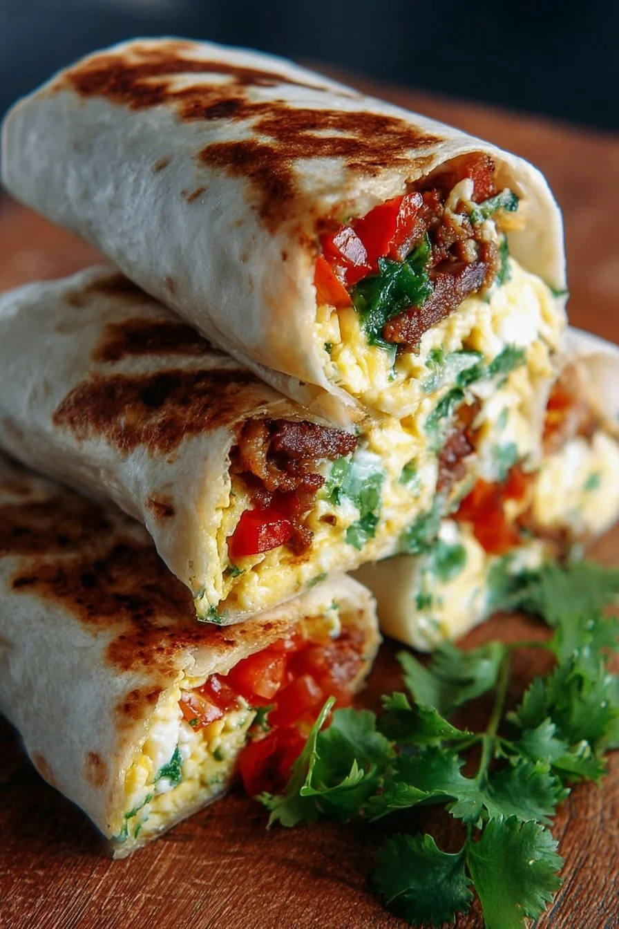 Delicious breakfast burritos with eggs, cheese, and fresh toppings