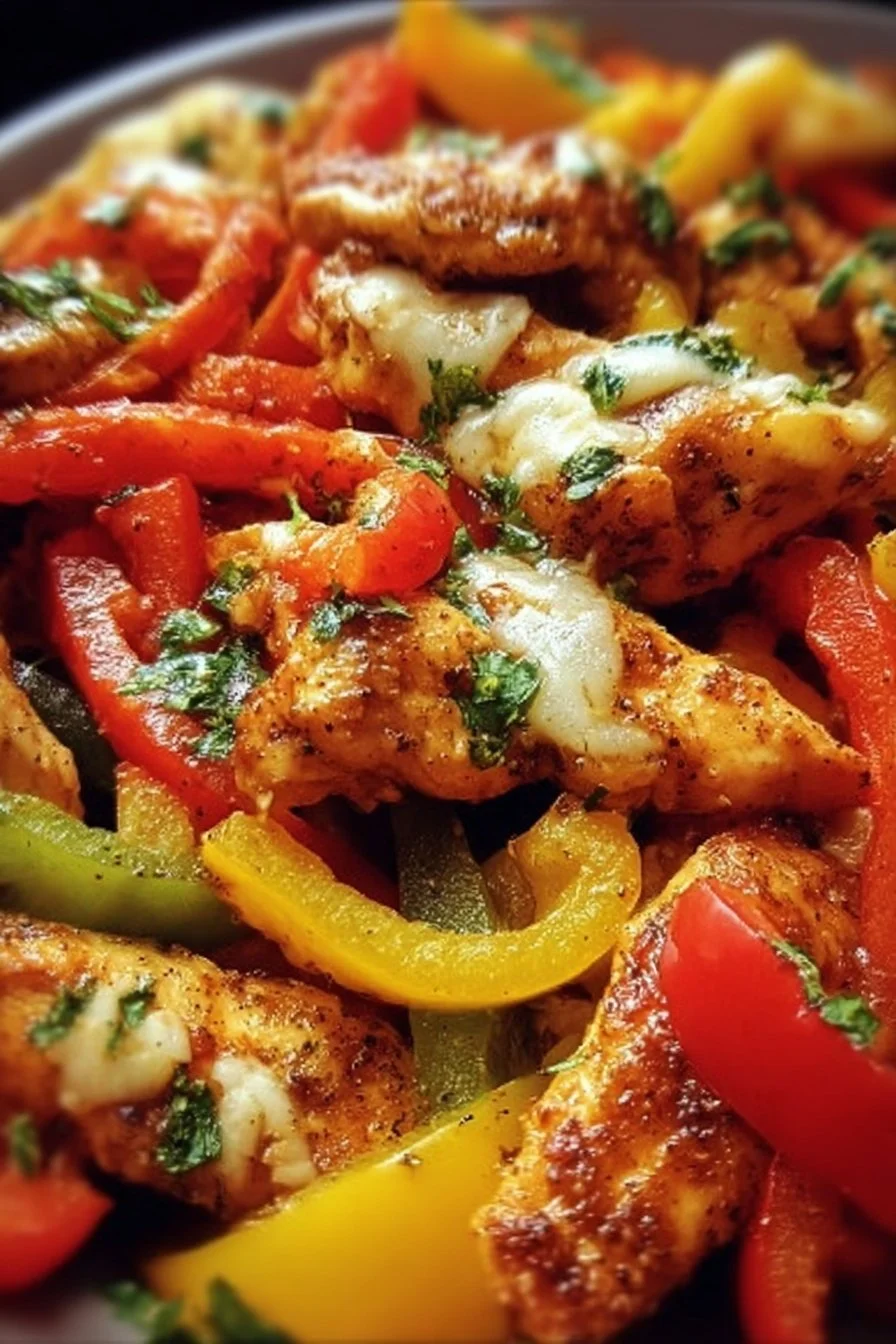 Plate of Cajun Chicken with colorful bell peppers