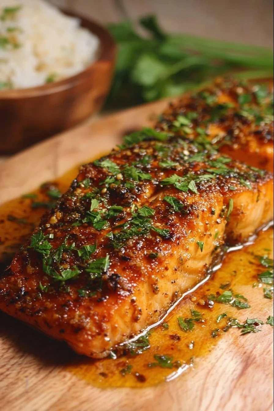 Cajun Honey Butter Salmon served on a plate with garnishes