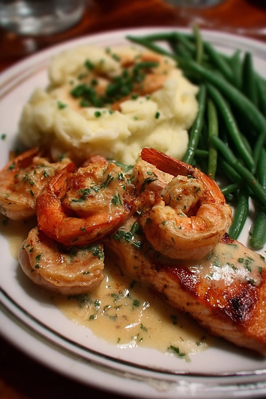 Cajun Shrimp and Salmon served with garlic cream sauce, mashed potatoes and green beans