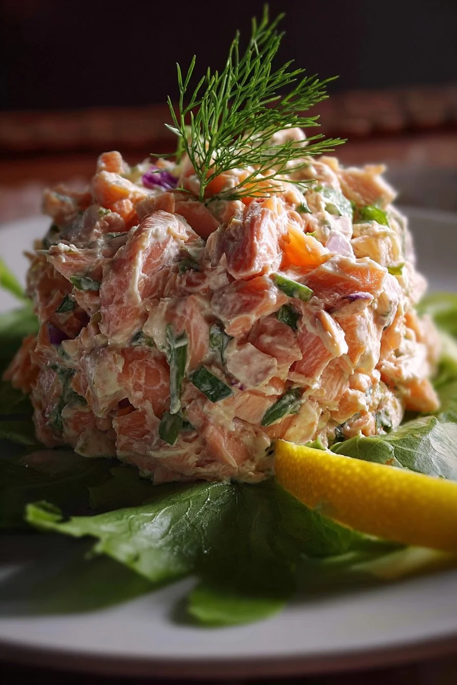 Delicious canned salmon salad served in a bowl with fresh vegetables