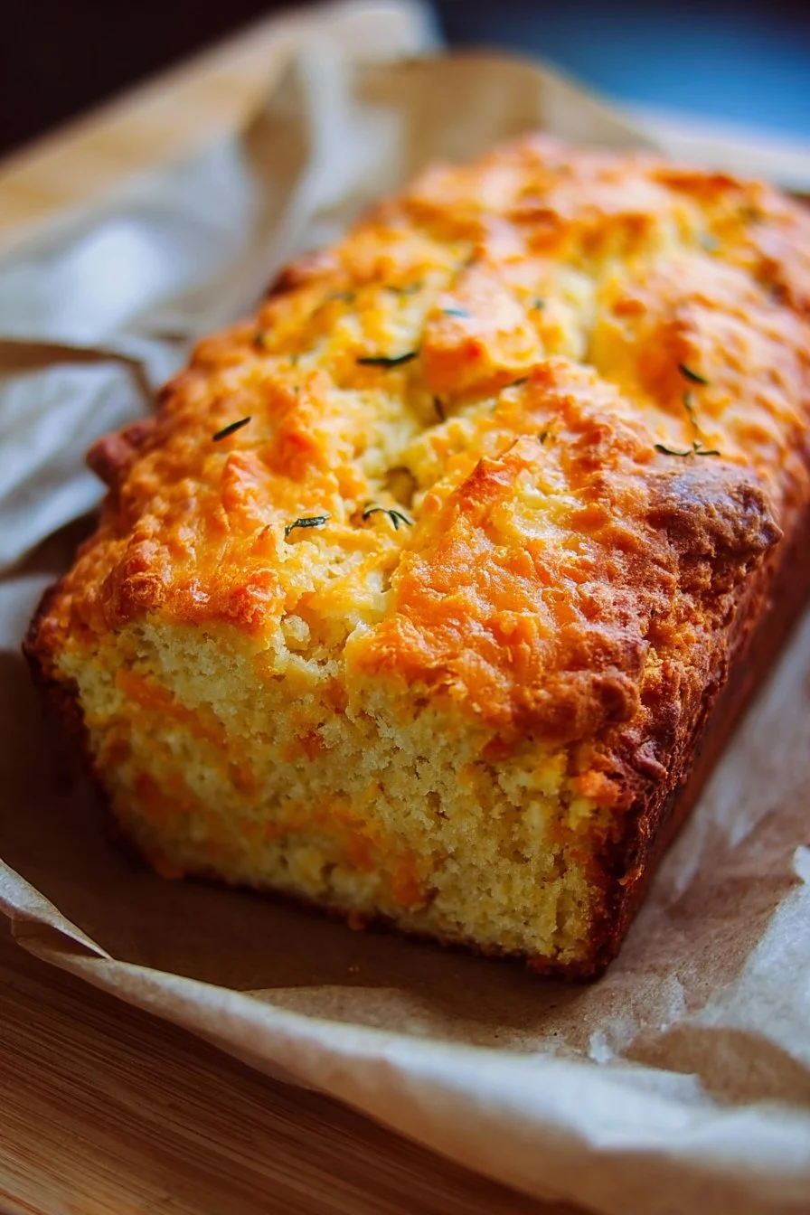 Freshly baked cheddar cheese quick bread with a golden crust