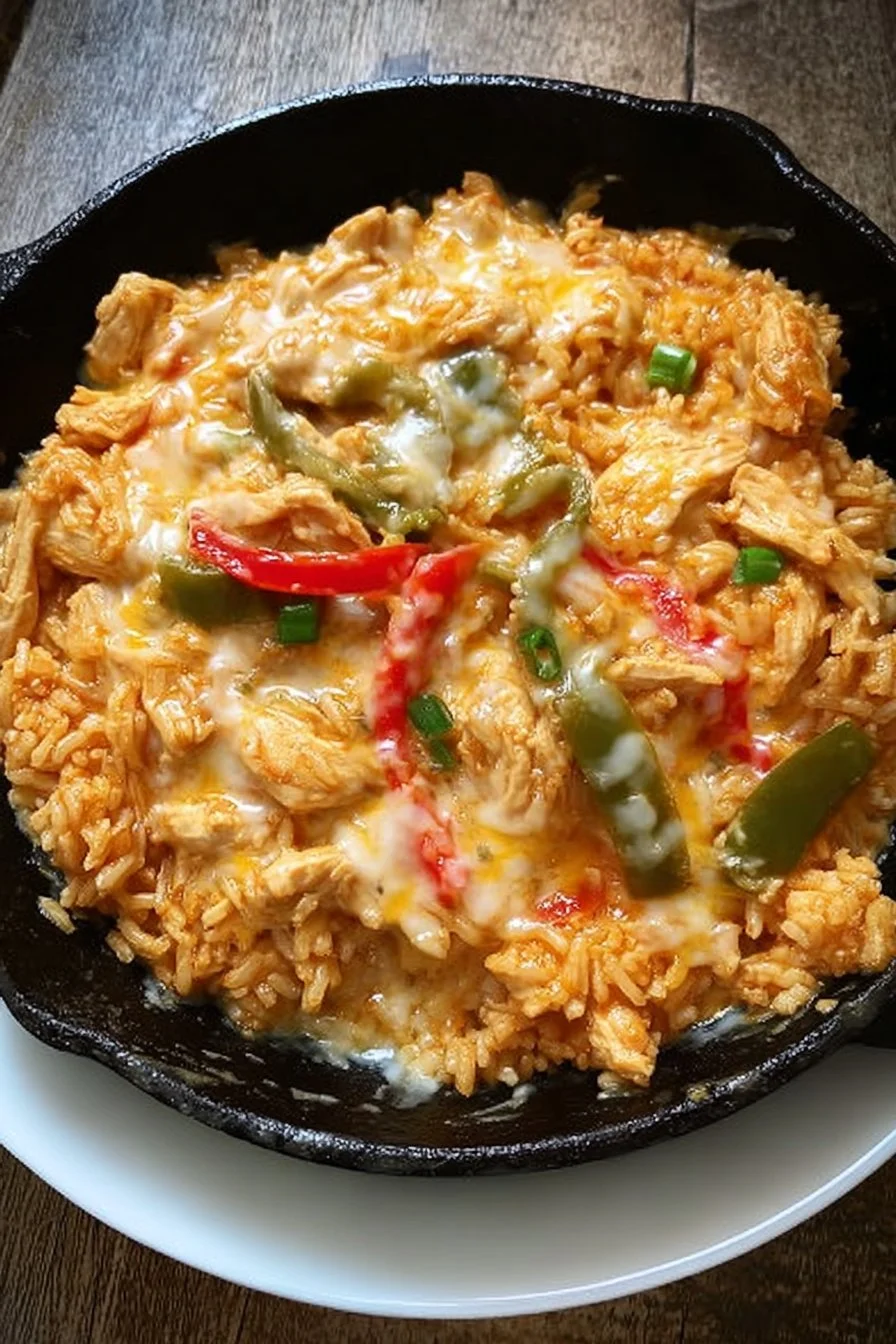 Cheesy Queso Chicken Fajita Rice Skillet