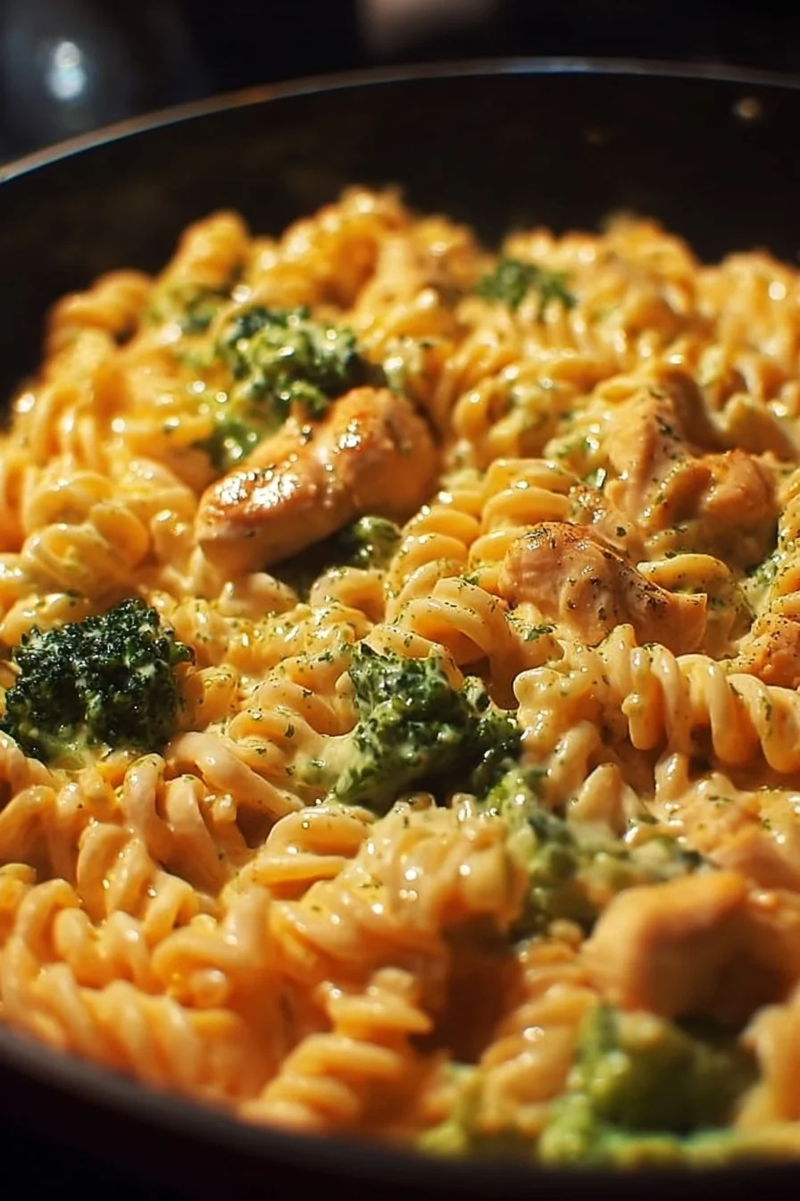 Cheesy Ranch Chicken and Broccoli Pasta Skillet topped with fresh herbs