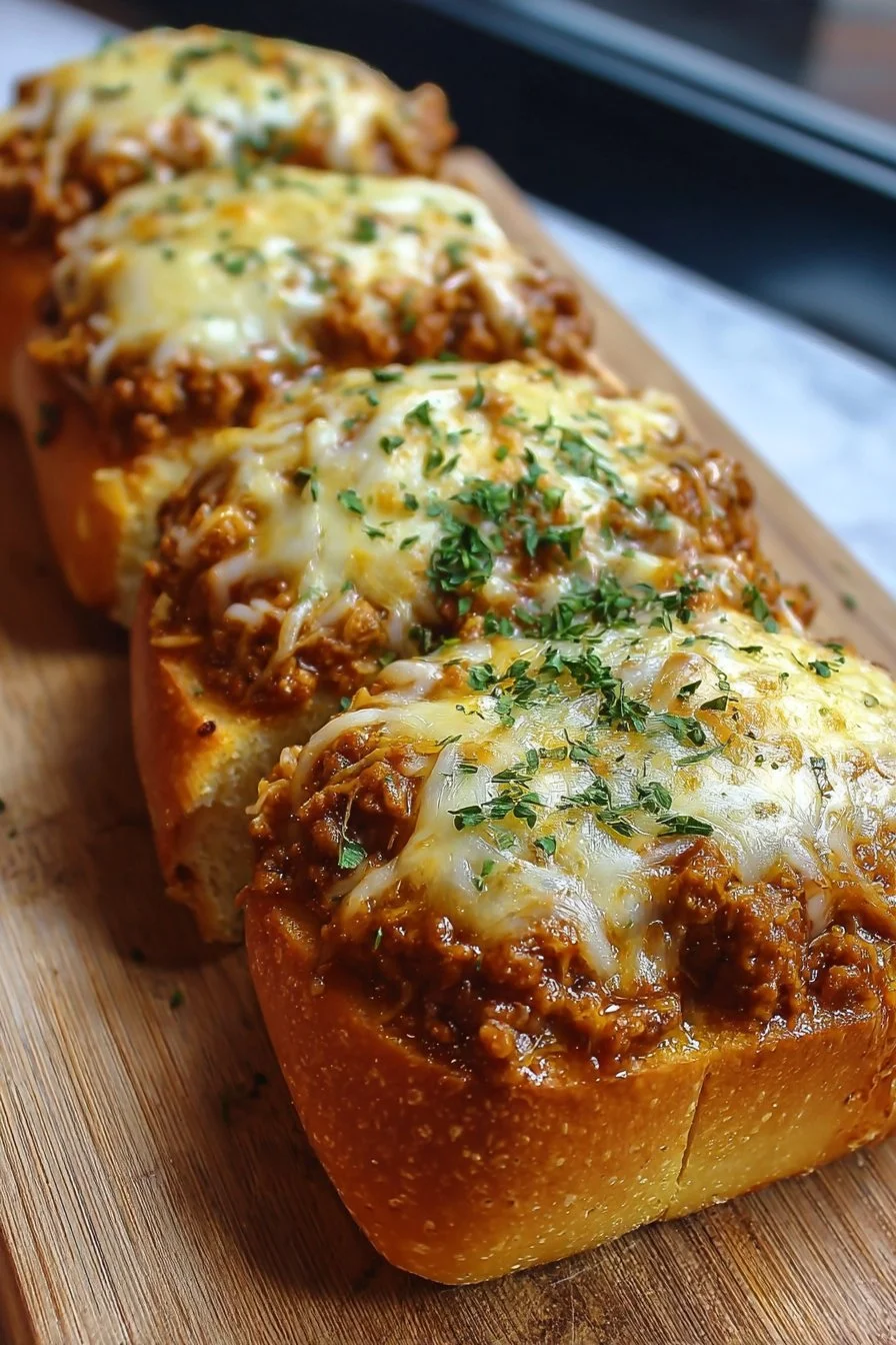 Cheesy Sloppy Joe Garlic Bread topped with melted cheese and savory meat mixture