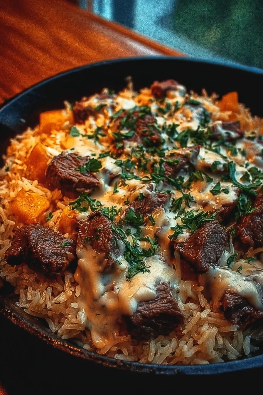 Cheesy Steak and Rice Skillet dish served in a pan