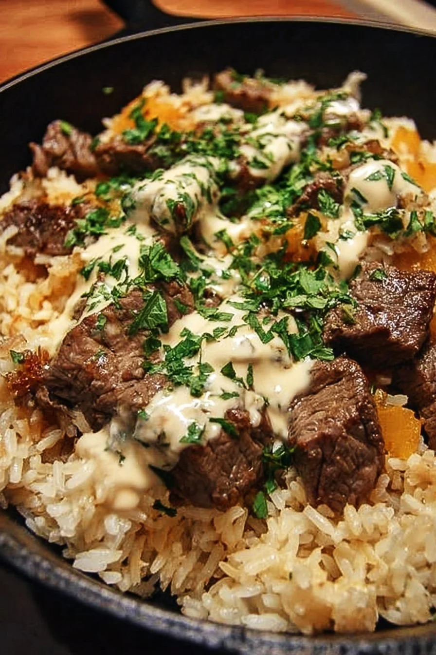 Cheesy Steak and Rice Skillet meal with juicy steak and melted cheese in a skillet.