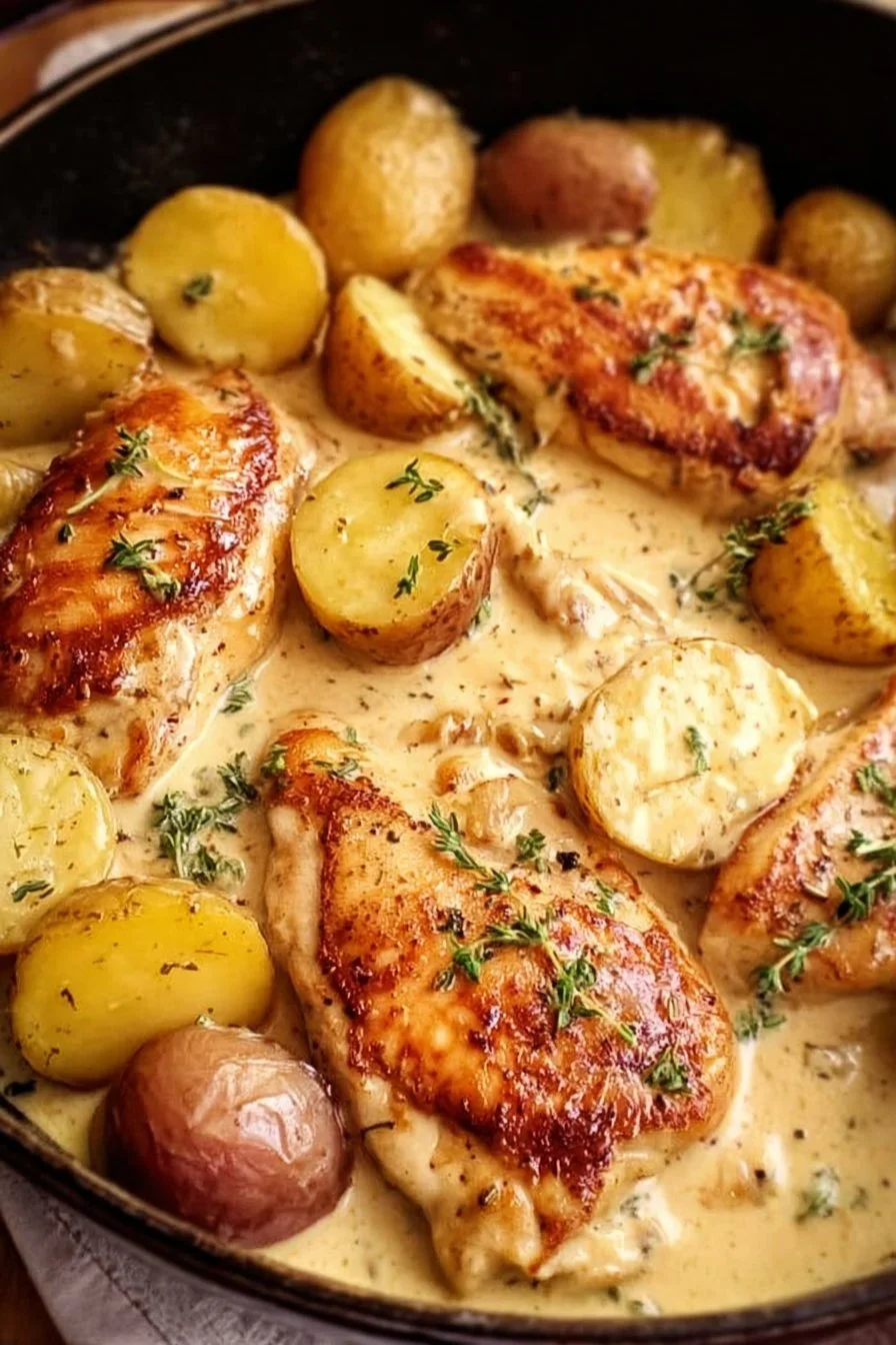 Chicken and potatoes simmered in creamy Dijon sauce for a delicious meal