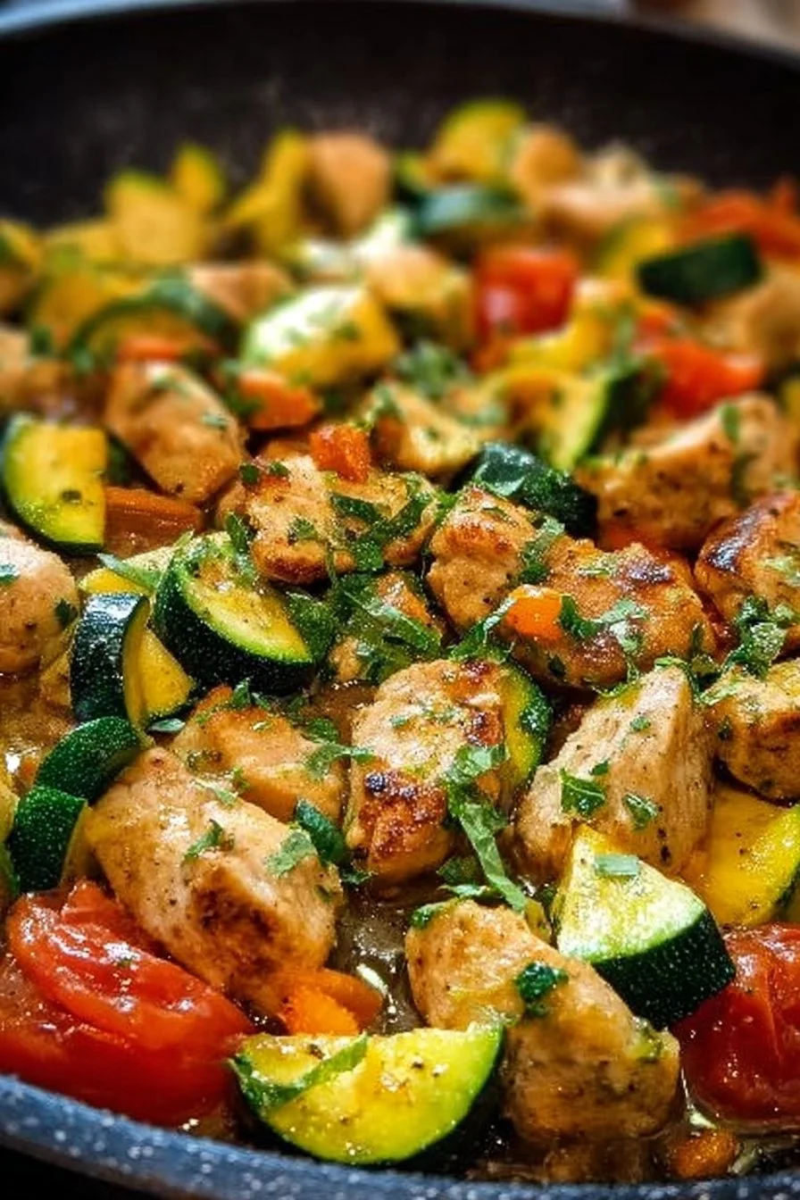 Healthy Chicken Zucchini Skillet with colorful vegetables in a pan