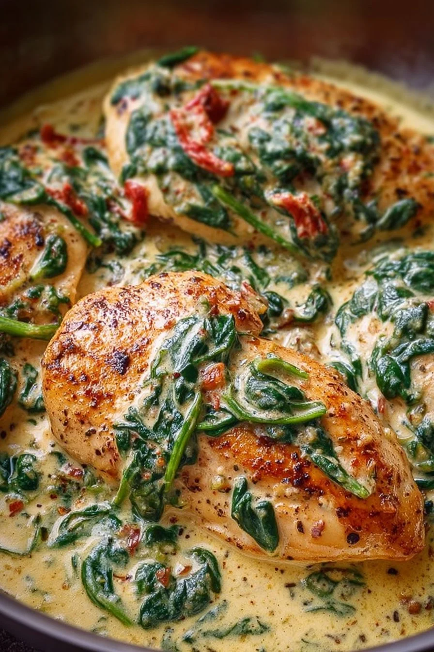 Chicken breasts in creamy spinach parmesan sauce on a plate