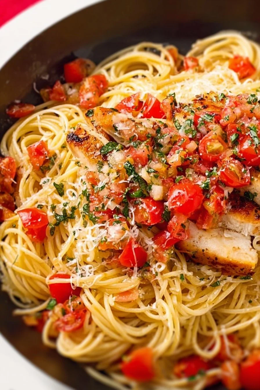 Delicious Chicken Bruschetta Pasta with fresh tomatoes and basil