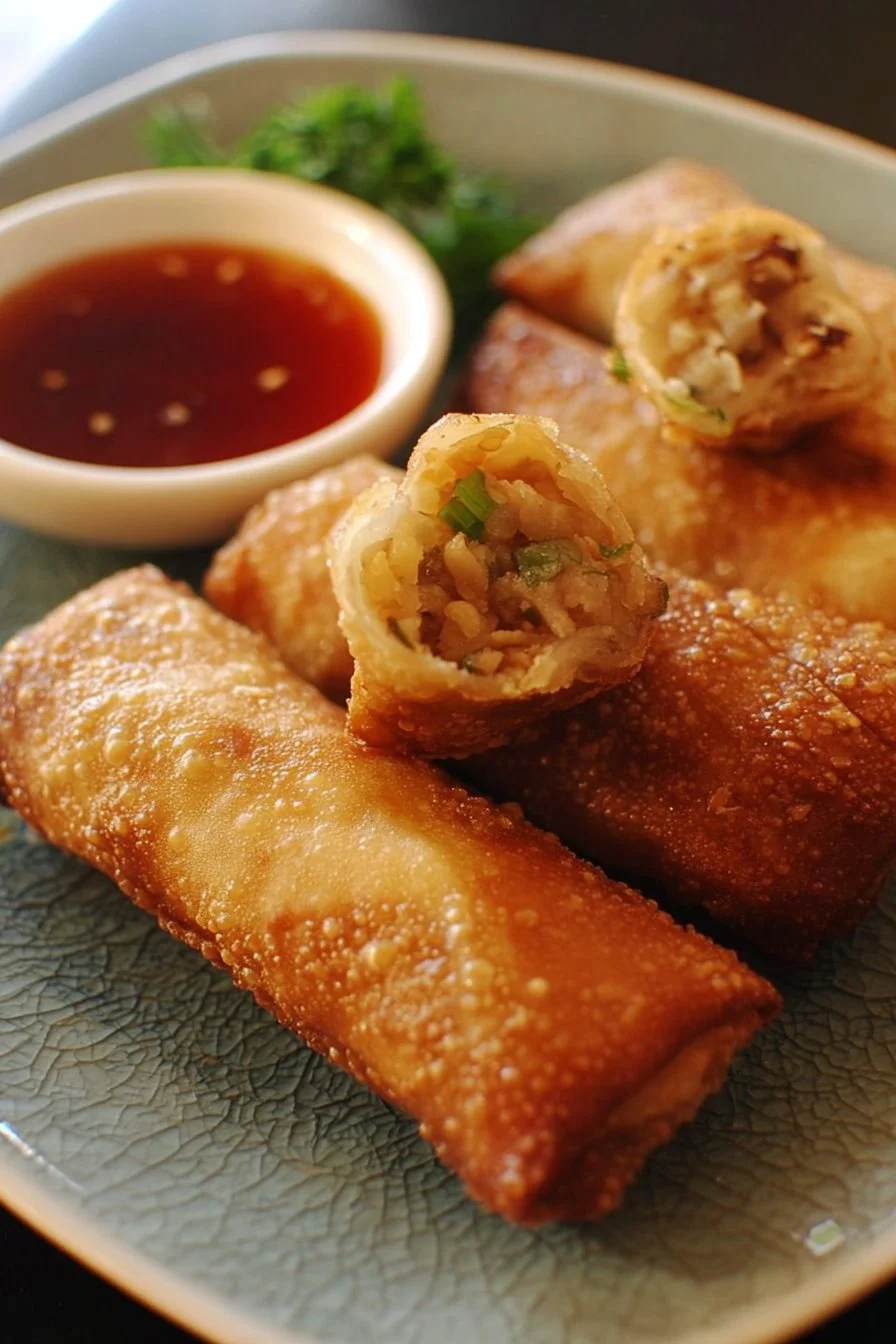 Plate of crispy chicken egg rolls served with dipping sauce