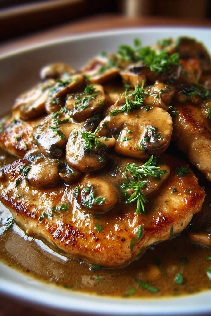 Delicious Chicken Marsala served with mushrooms and wine sauce