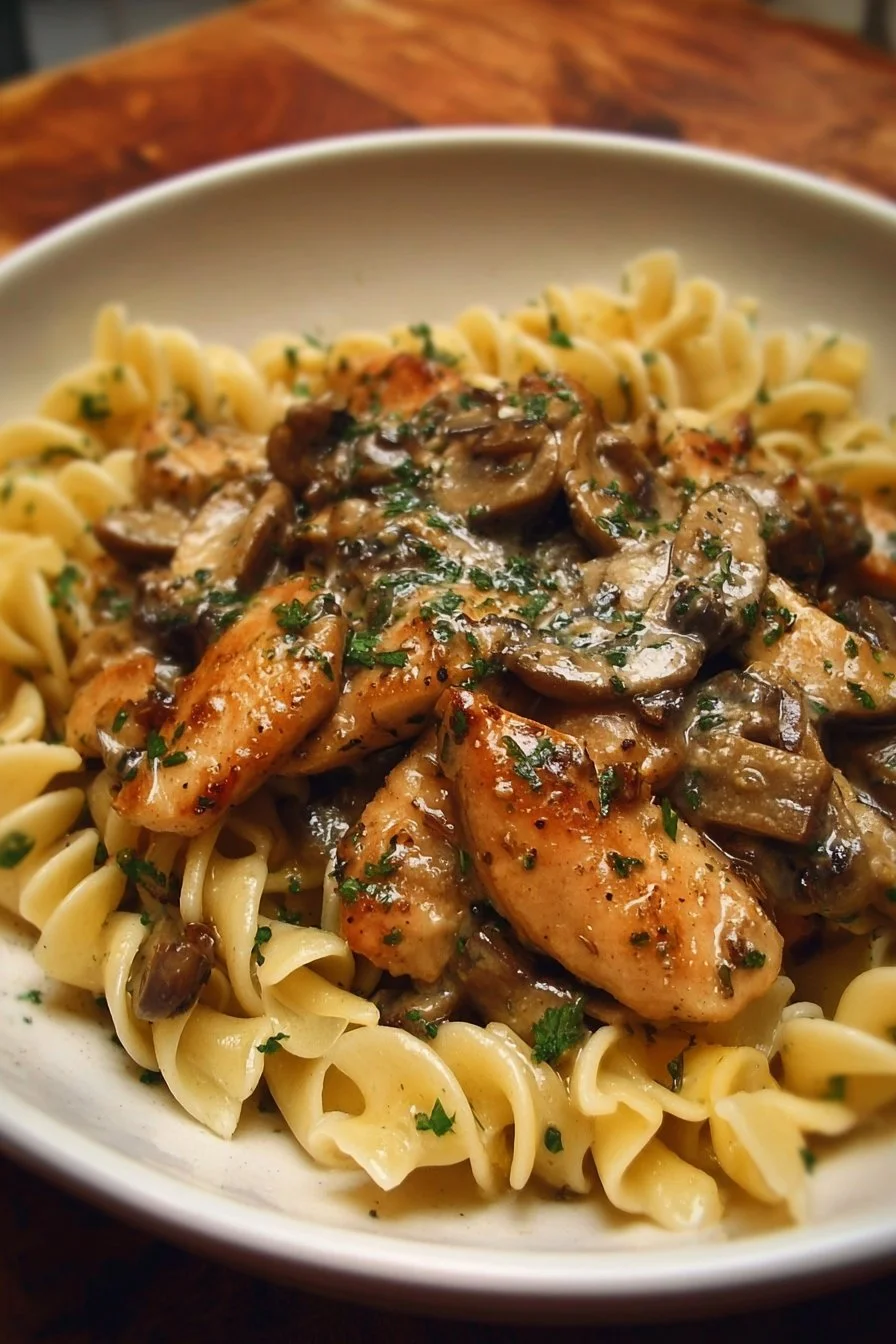 Delicious Chicken Marsala Pasta topped with mushrooms and herbs