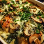 Delicious Chicken, Spinach, and Mushroom Bake fresh out of the oven.