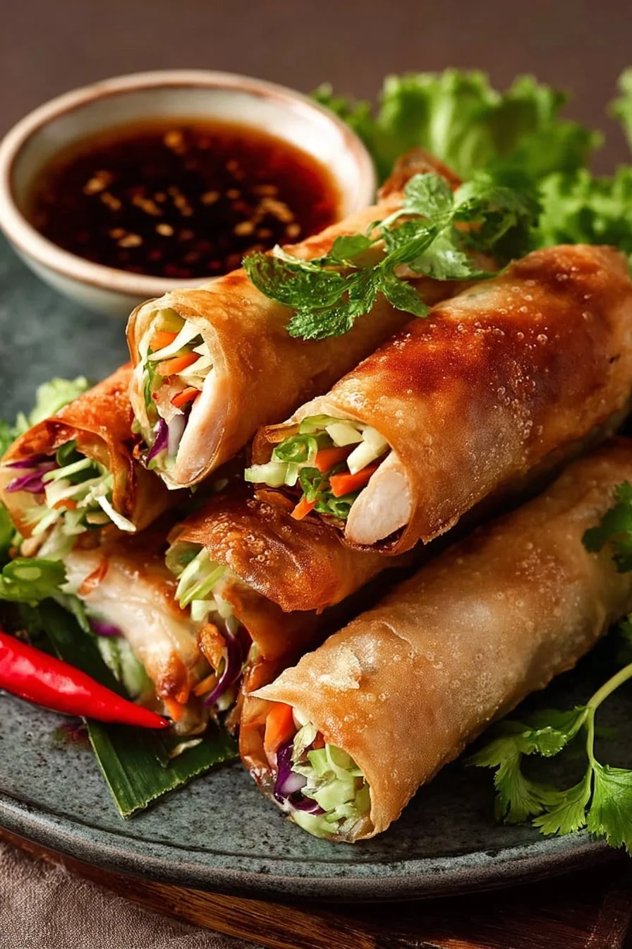 Plate of crispy Chicken Spring Rolls with dipping sauce