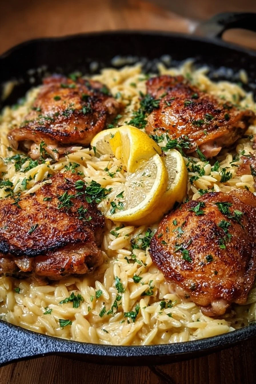 Chicken thighs served with creamy lemon garlic orzo in a bowl