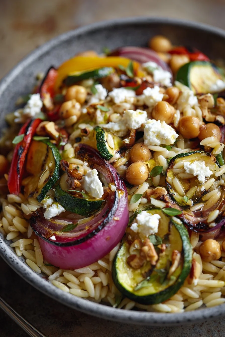 Chickpea orzo bowl with goat cheese, roasted veggies, and walnuts
