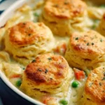 Homemade chicken pot pie topped with flaky biscuits, comfort food delight