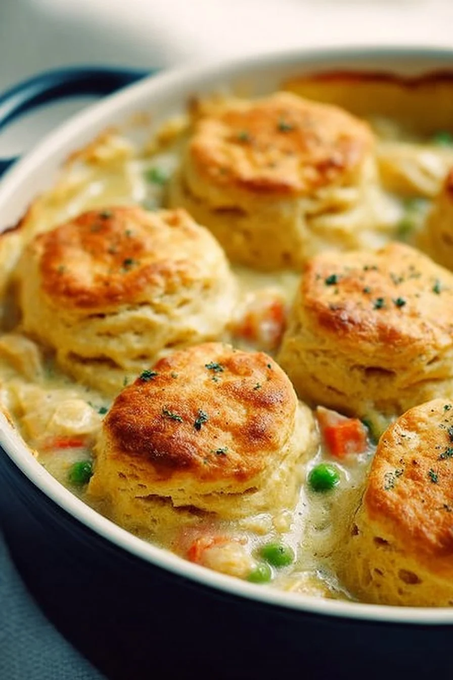 Homemade chicken pot pie topped with flaky biscuits, comfort food delight