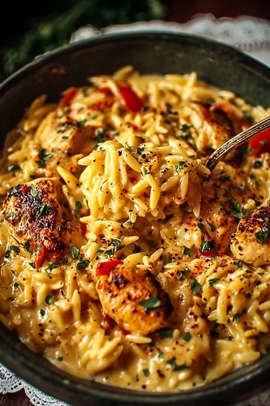 Creamy one-pot Cajun Chicken Alfredo with orzo served in a bowl