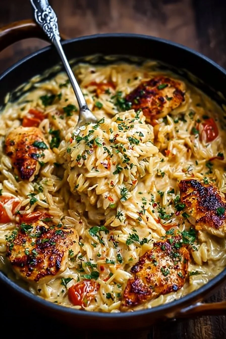 Delicious bowl of Cajun Chicken Alfredo Orzo topped with fresh herbs