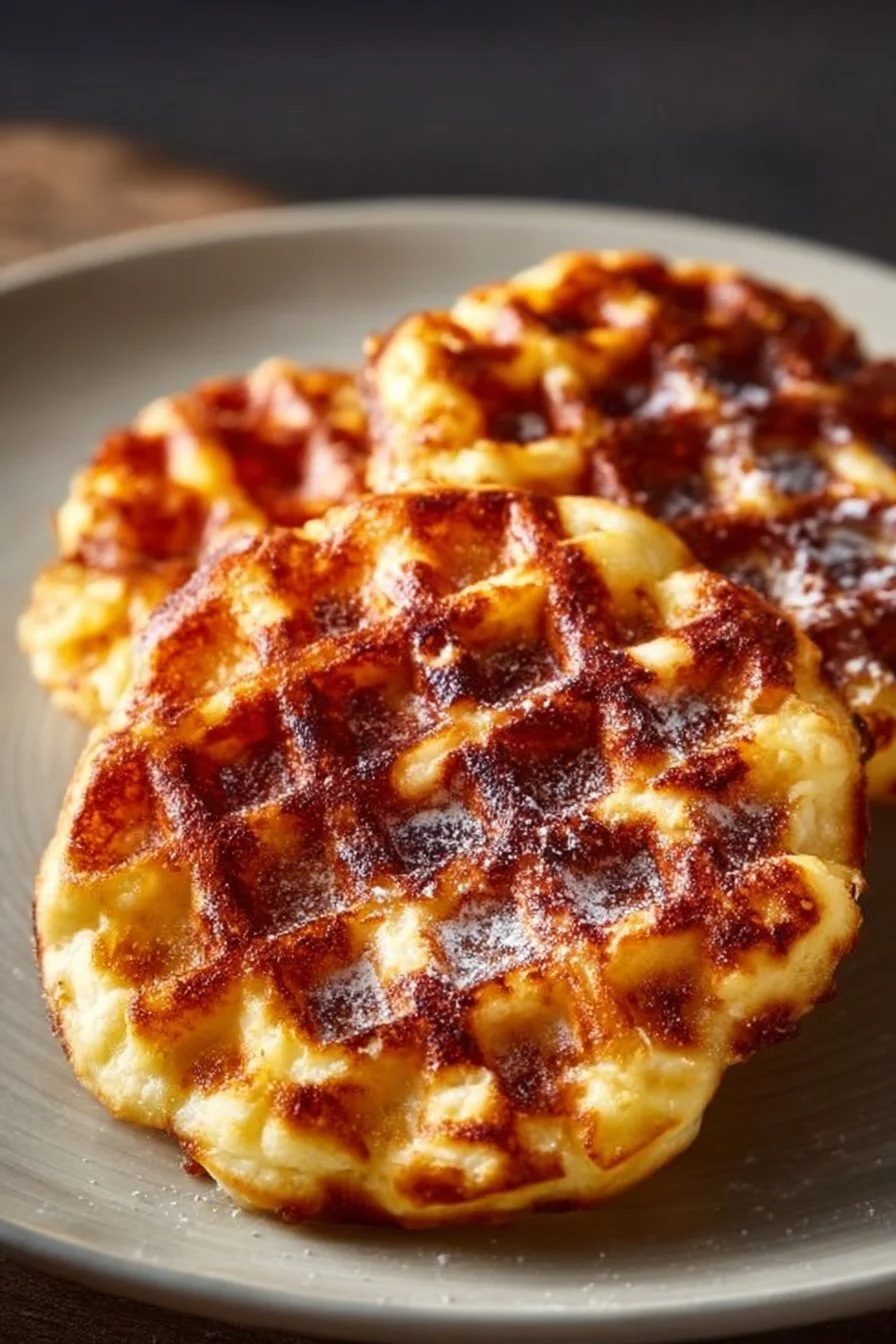 Plate of crispy Cottage Cheese Chaffles topped with fresh herbs and spices