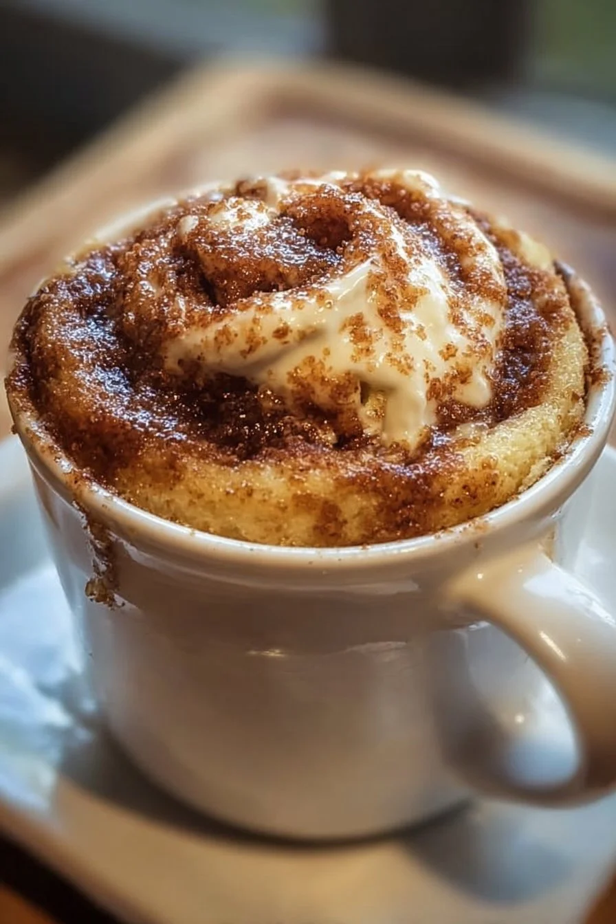 Cottage Cheese Cinnamon Roll Mug Cake in a ceramic mug, topped with cinnamon.