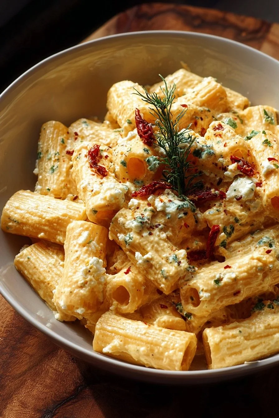 Creamy Cottage Cheese Rigatoni pasta dish served in a bowl