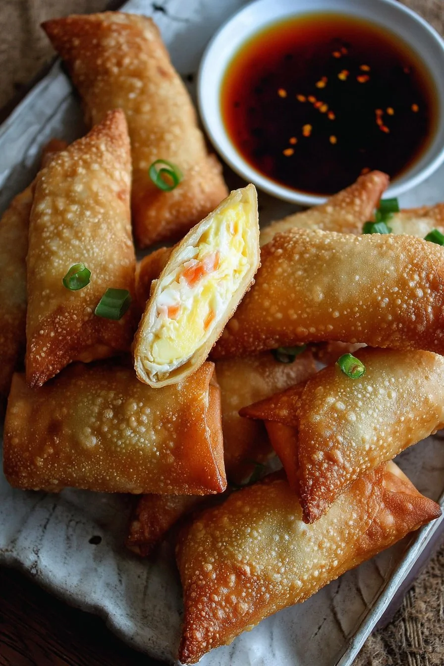 Crispy Crab Rangoon Egg Rolls served with dipping sauce on a platter