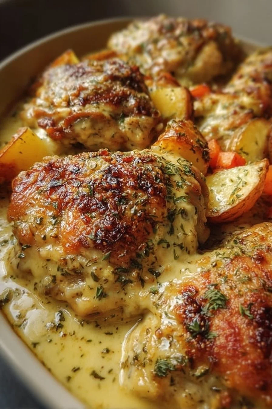 Creamy baked dijon chicken thighs served with a side of vegetables