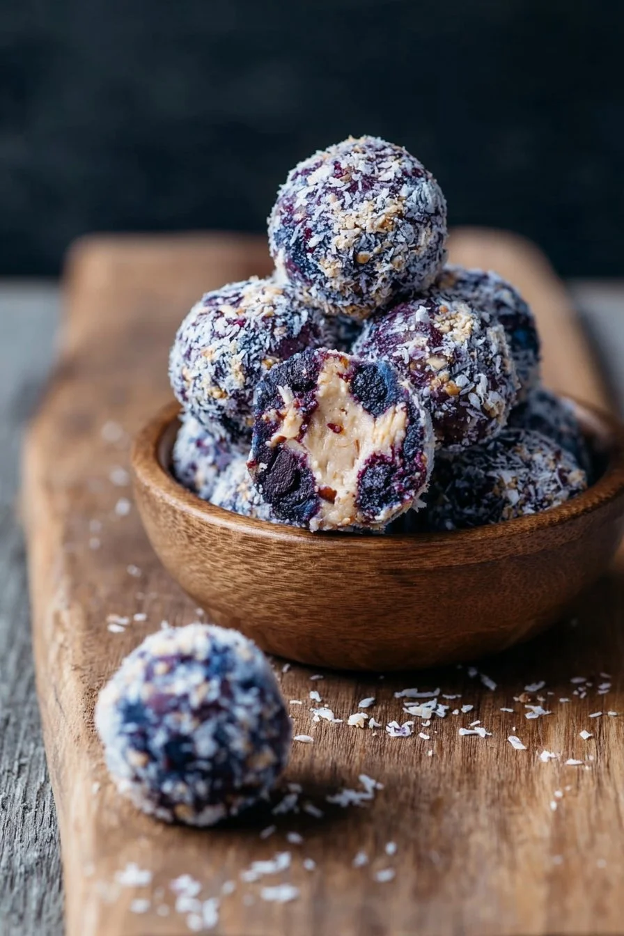 Delicious blueberry cheesecake protein balls on a white plate